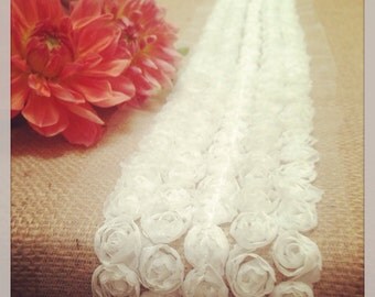 Burlap Table Runner, Rosette Table Runner, French Ivory or White Tulle Rosette , Weddings, bridal, baby showers.