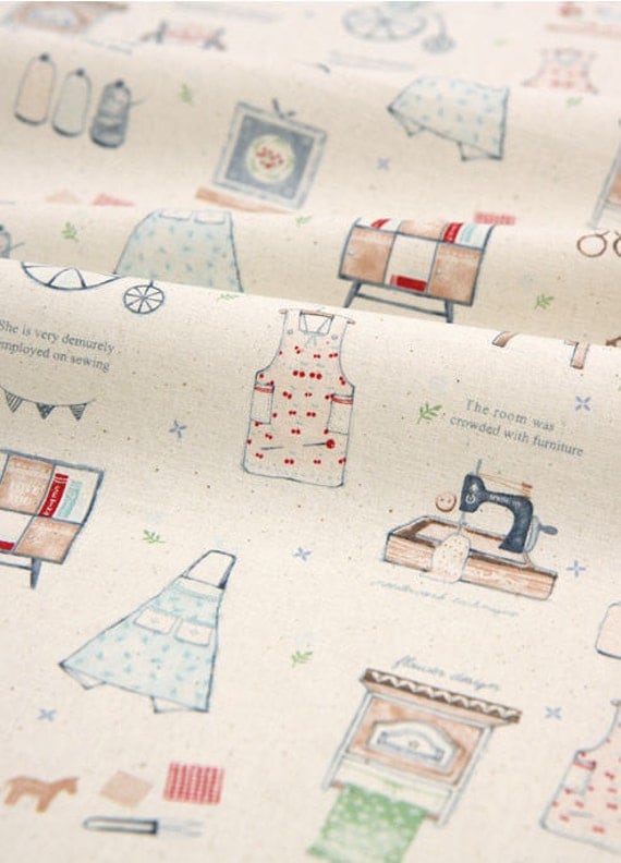 Items similar to Cotton Fabric Sewing Illustration - Natural - By the ...