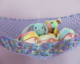 Crochet toy net hammock in lavender and variegated blue, purple and green, stuffed animal storage for girls room MADE TO ORDER