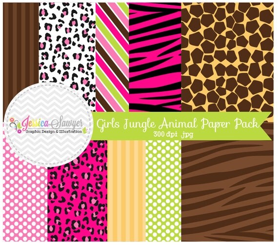 INSTANT DOWNLOAD, girls jungle animal digital papers, safari digital backgrounds, cards, scrapbooking, invites Il_570xn