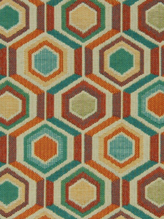 Orange Teal Geometric Upholstery Fabric Woven Purple Orange