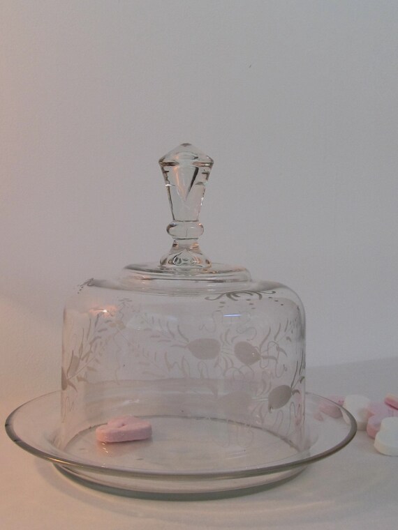Vintage Etched Glass Cake stand with Dome lid