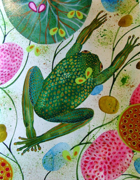 Toad Painting Water Flowers Animal Decor Frog by CelineArtGalerie