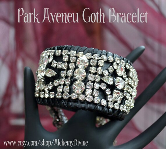 Black Leather bracelet Rhinestone Cuff Bracelet with multiple