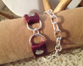 Plum leather and silver wrap bracelet