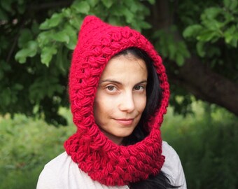 Crochet Pattern hooded scarf, pixie hat cowl neckwarmer, textured scoodie, adult, child, DIY tutorial