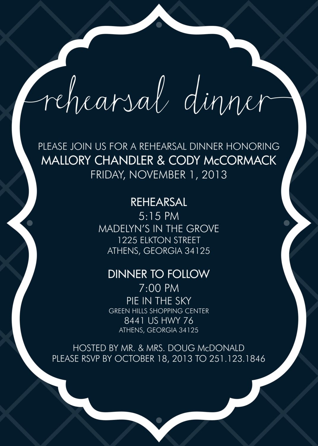 Simple Cursive Rehearsal Dinner Invite / Navy invite / Wedding