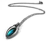 Teal Necklace, Stainless Steel Jewelry for Woman, Modern Silver Oval, Simple Everyday Pendant, Customizable Center Color