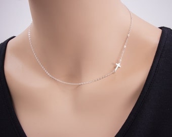Sideways Cross Necklace, Sterling Silver, Horizontal Cross Necklace, Petite Cross, Religious Jewelry, Celebrity Inspired