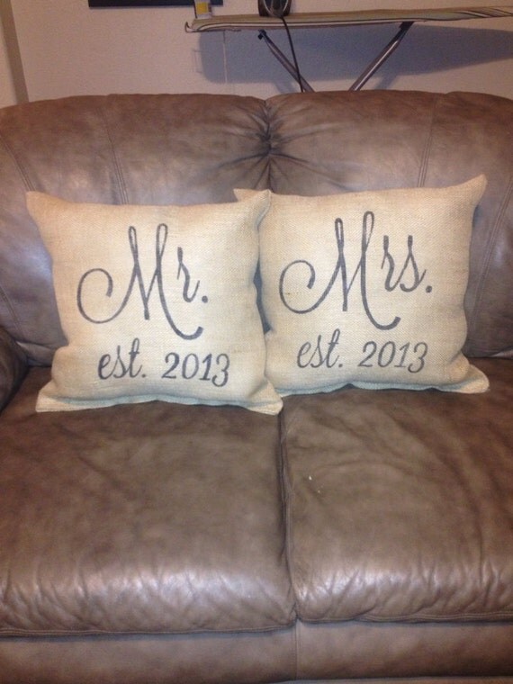 Mr and mrs burlap pillow set rustic wedding by burlapheartstrings
