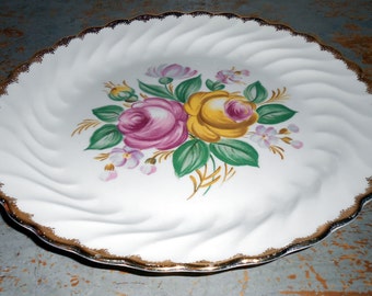 Vintage Plate, Dinner Plate, Floral, Roses, Pink, Yellow, Large Plate, 22k Gold, Warranted, Cake Plate, Royal China, Quban Royal
