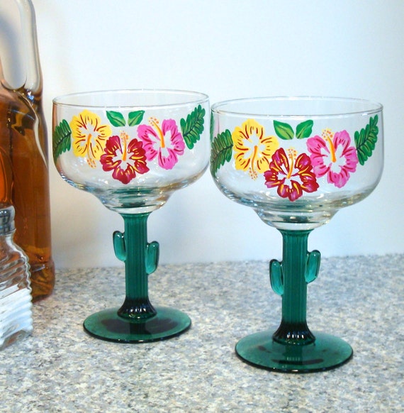 Cactus Margarita Glasses With Painted Flowers