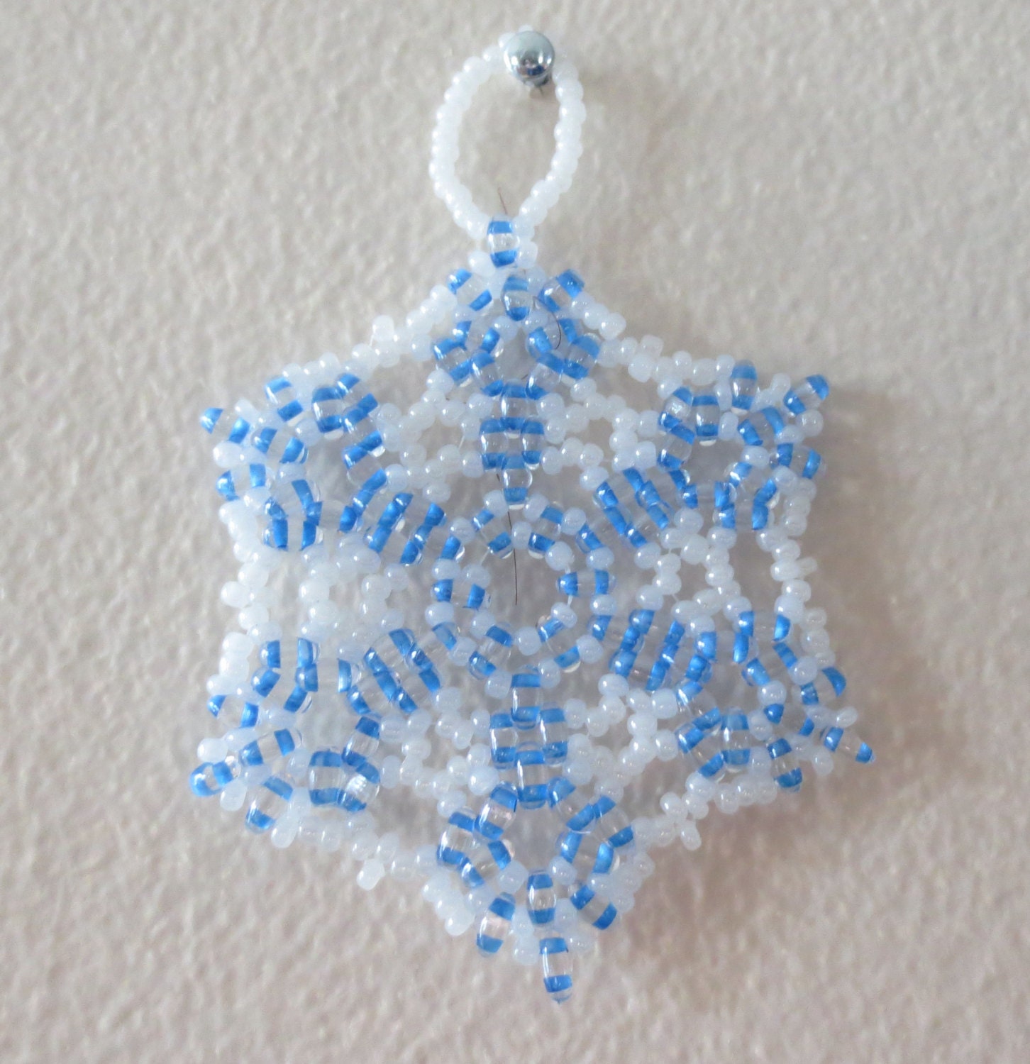 Bead and crystal snowflake / wreath / ornament- White and blue