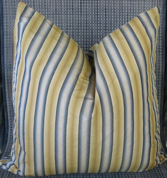 Two Yellow and Blue Stripe Pillow Covers. 20 x 20. Moire. Taffeta Free