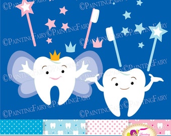 Tooth Fairy Clip Art Set Cliparts Cute teeth Pink Blue crowns stars fairy wings magic wands toothbrush elements Digital Papers DIY pf00066-1