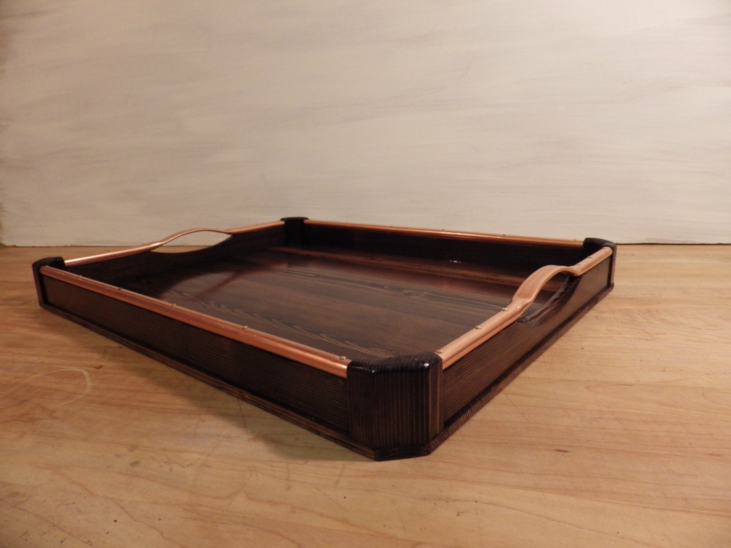 Dark brown 100 cedar wood serving tray with copper top