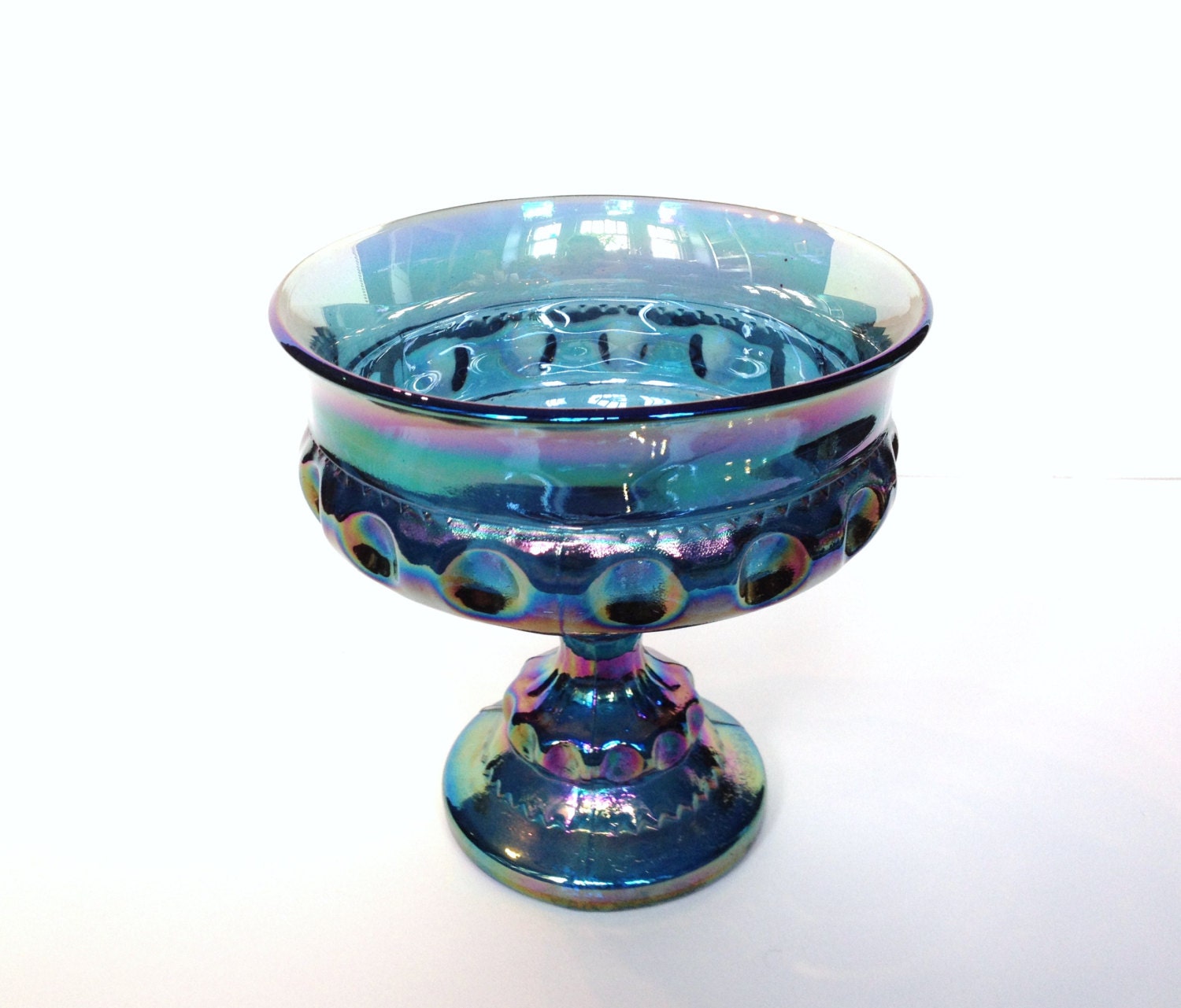 Vintage Blue Carnival Glass Candy Dish Thumbprint Indiana