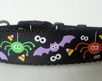 Halloween Dog Collar - Adjustable Dog Collar - Spiders, Candy Corn, Eyes, Bats