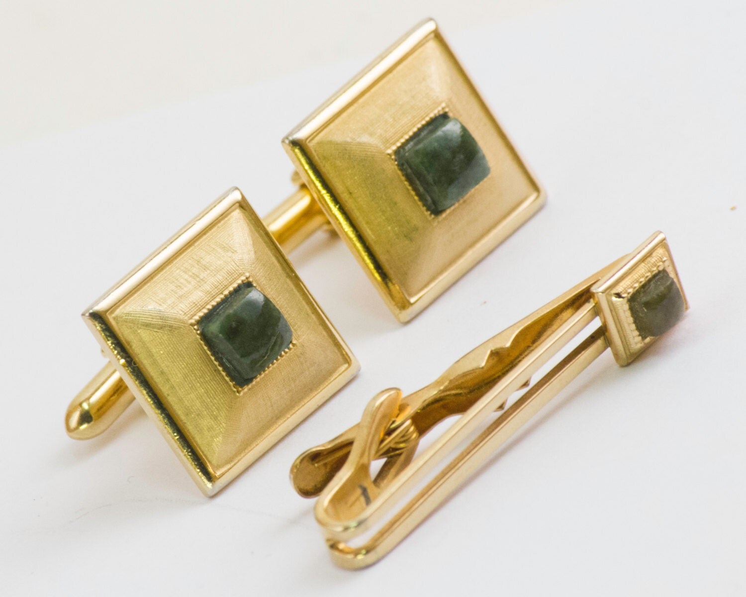 Boutons De Manchette Et Barrette De Cravate Vintage Swank - Ton Or Avec Opales - Occasion