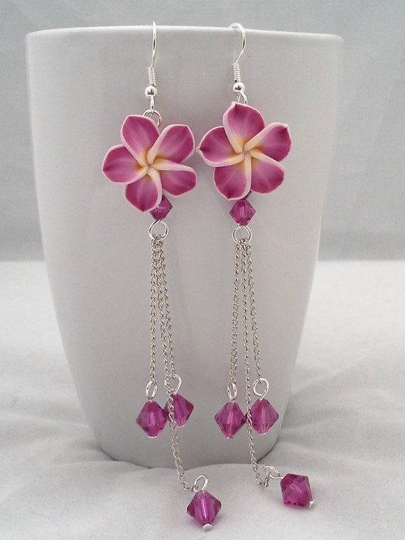 Items similar to Long Hawaiian Plumeria flower earrings, handmade