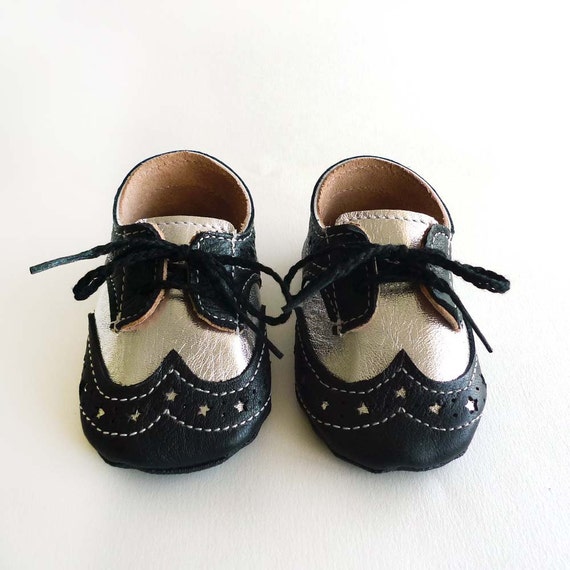  Baby  Boy  or Girl Shoes  Black  and Silver Leather Soft Sole