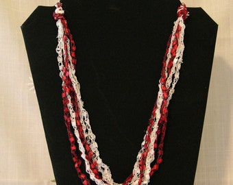 Red and While Candy-Cane Crochet Ladder Yarn Necklace