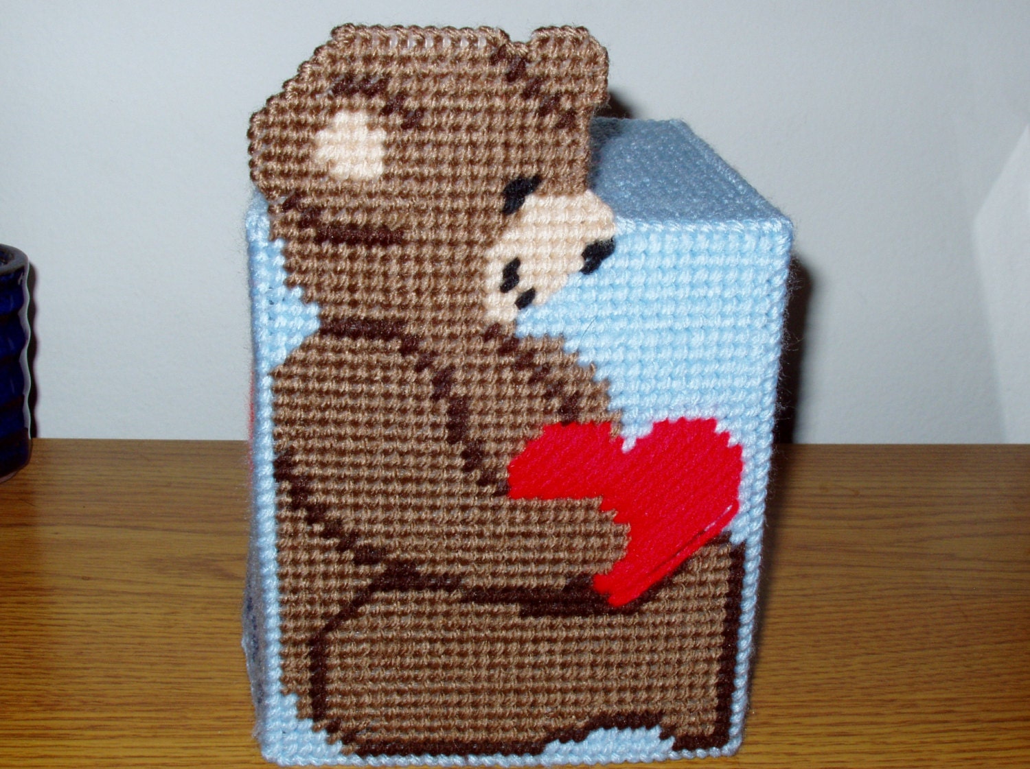 Tissue Box Cover Teddy Bear in Blue Plastic Canvas