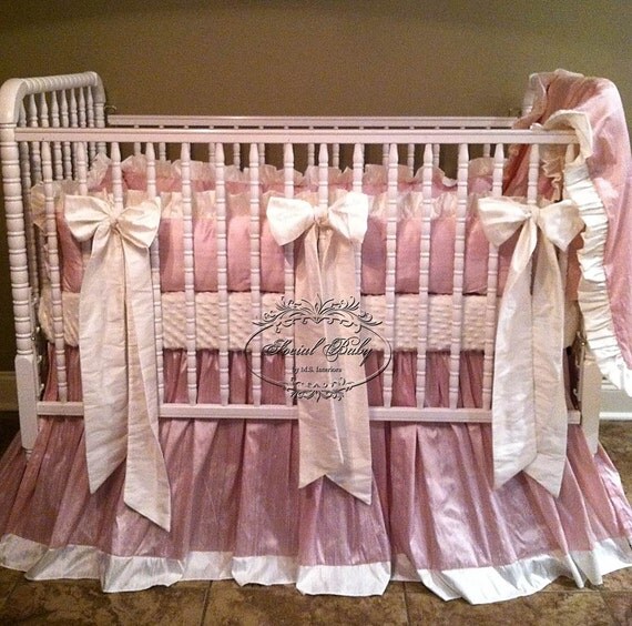 3 Piece Crib Bedding in Baby Pink Silk trimmed in Ivory Silk