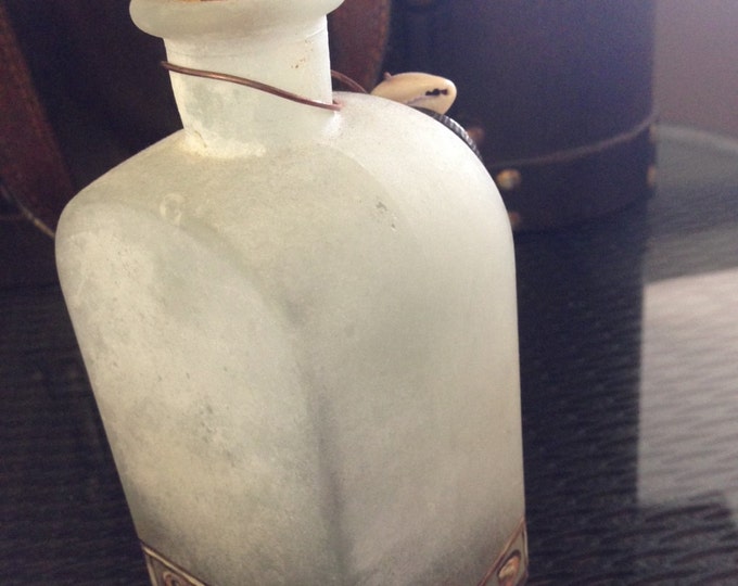 Painted Frosted Glass Bottle with Cork - painted seashells along the bottom and shells/wire around the neck