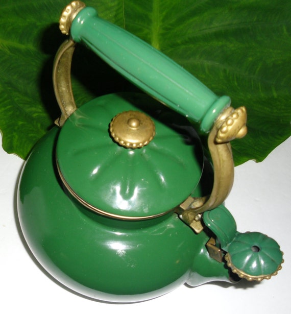 Vintage Green Enamel And Brass Teapot Vintage Enamelware Tea