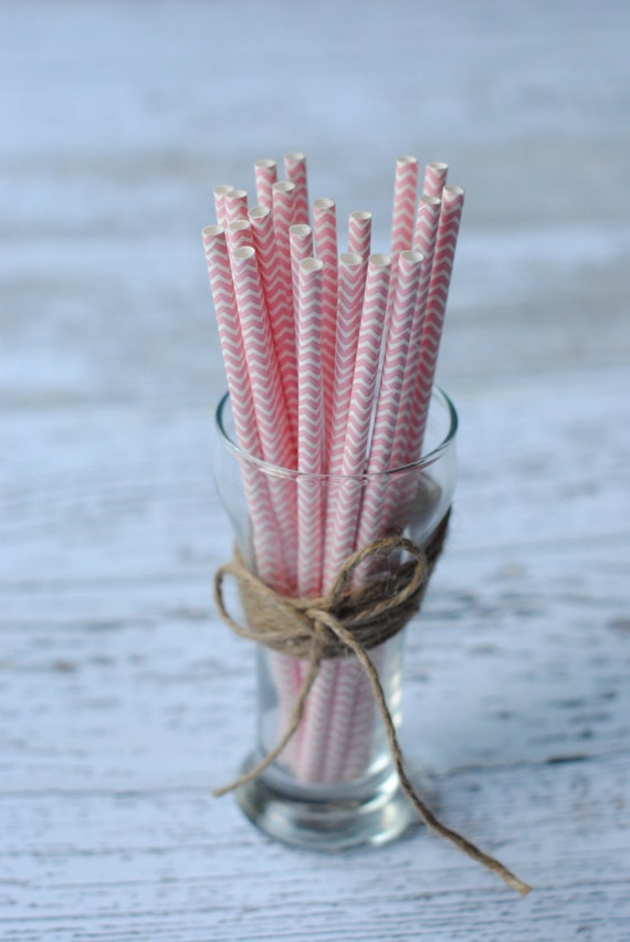 20 Pink Chevron Drinking Paper Striped Straws Birthday Party Straws Wedding Decor Baby Shower supplies Candy Buffet Mason Jar Decor