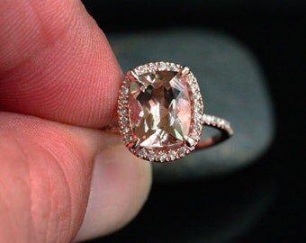 Cushion Morganite Engagement Ring 14k Rose Gold Morganite Cushion 10x8mm and Diamond Halo Ring