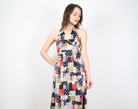 Vintage Halter Dress Hippie Dress Maxi Dress Op Art Color Block ...
