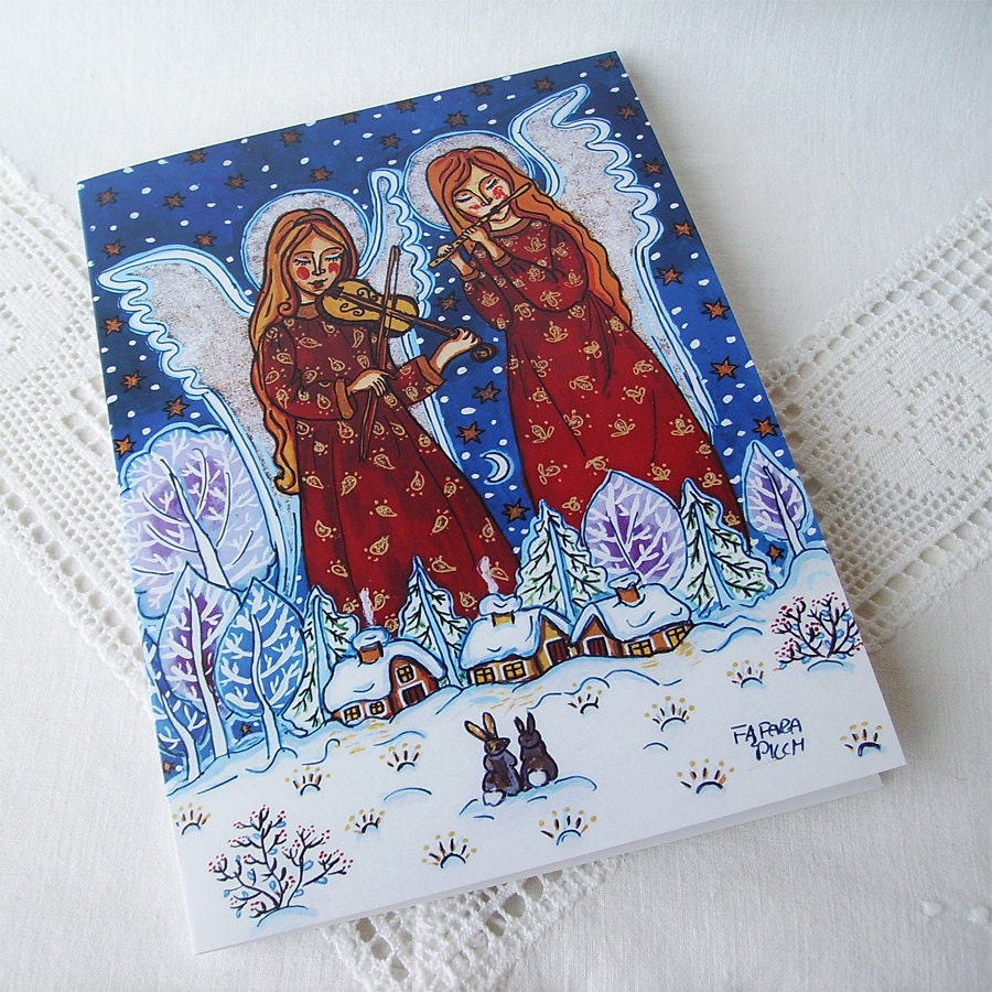 The winter music Christmas greeting card postcard picture folk snow violin night angel animal hare landscape scenery white blue gold rabbit