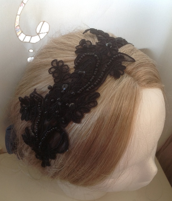 Giselle: Black Embroidered pearl sequin lace flower Headband - also available in White, Ivory, Plum, and Champagne Gold