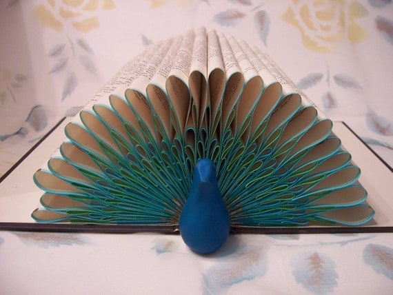 Peacock Folded Pages Book Art Origami Sculpture from