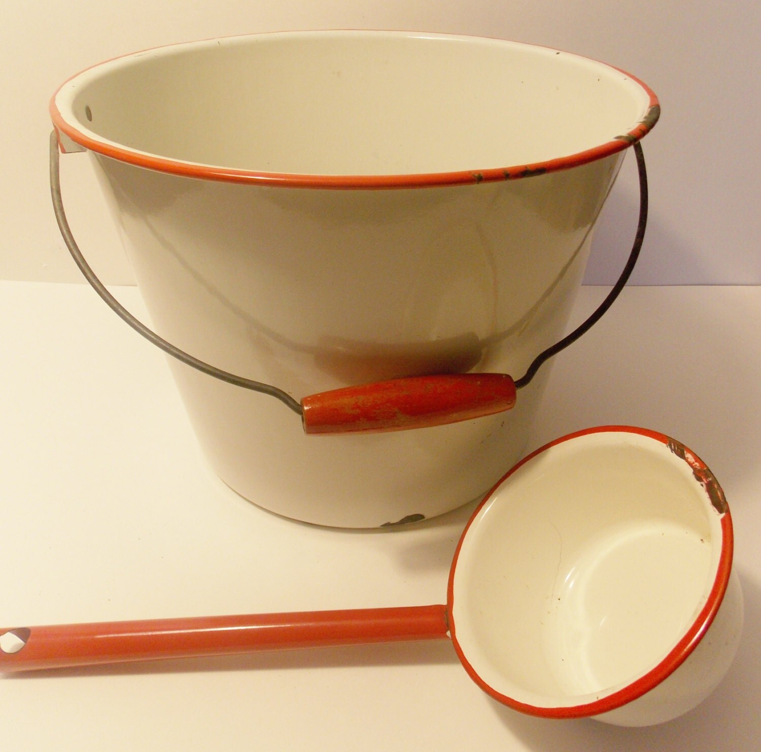 Enamel Ware Bucket with dipper White with Red Rim