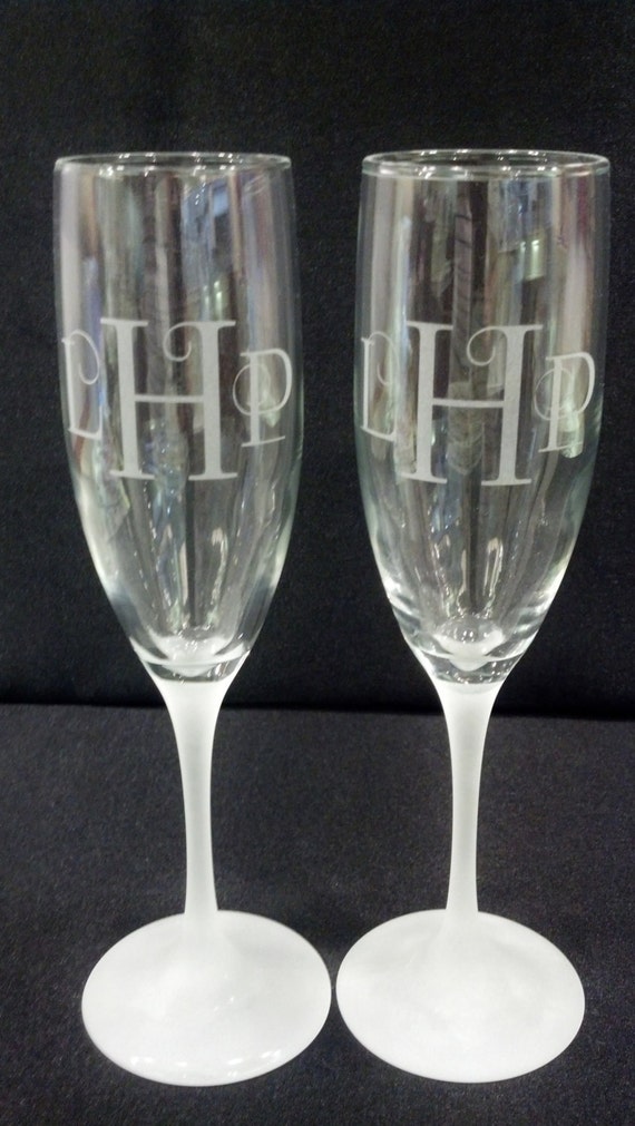 Etched Monogram Champagne Flutes with Frosted Stems, Toasting Glasses
