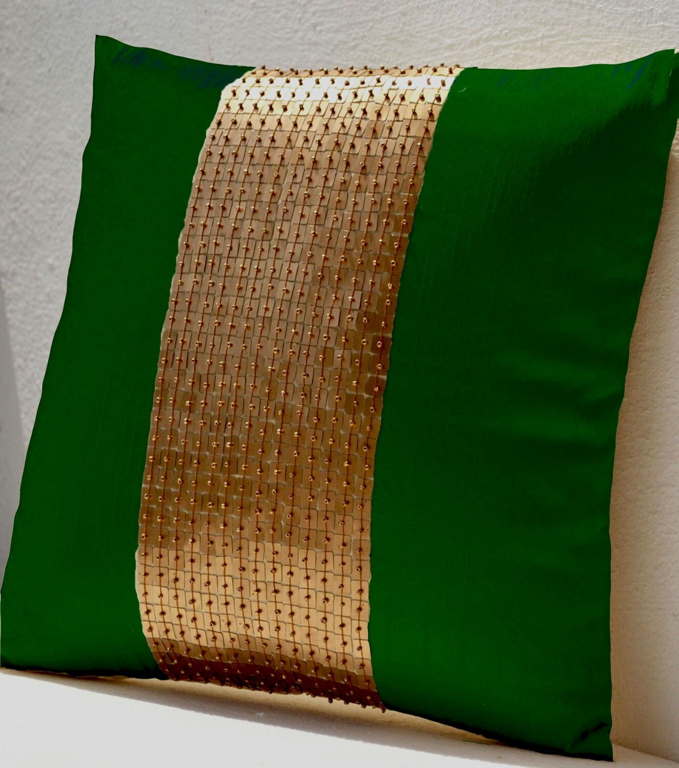 Throw Pillows Emerald green gold color block in silk sequin