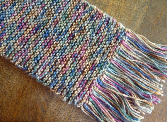 Knit Scarf - Multi-colored (Blues, Browns, Reds, Greens) with Fringed Ends