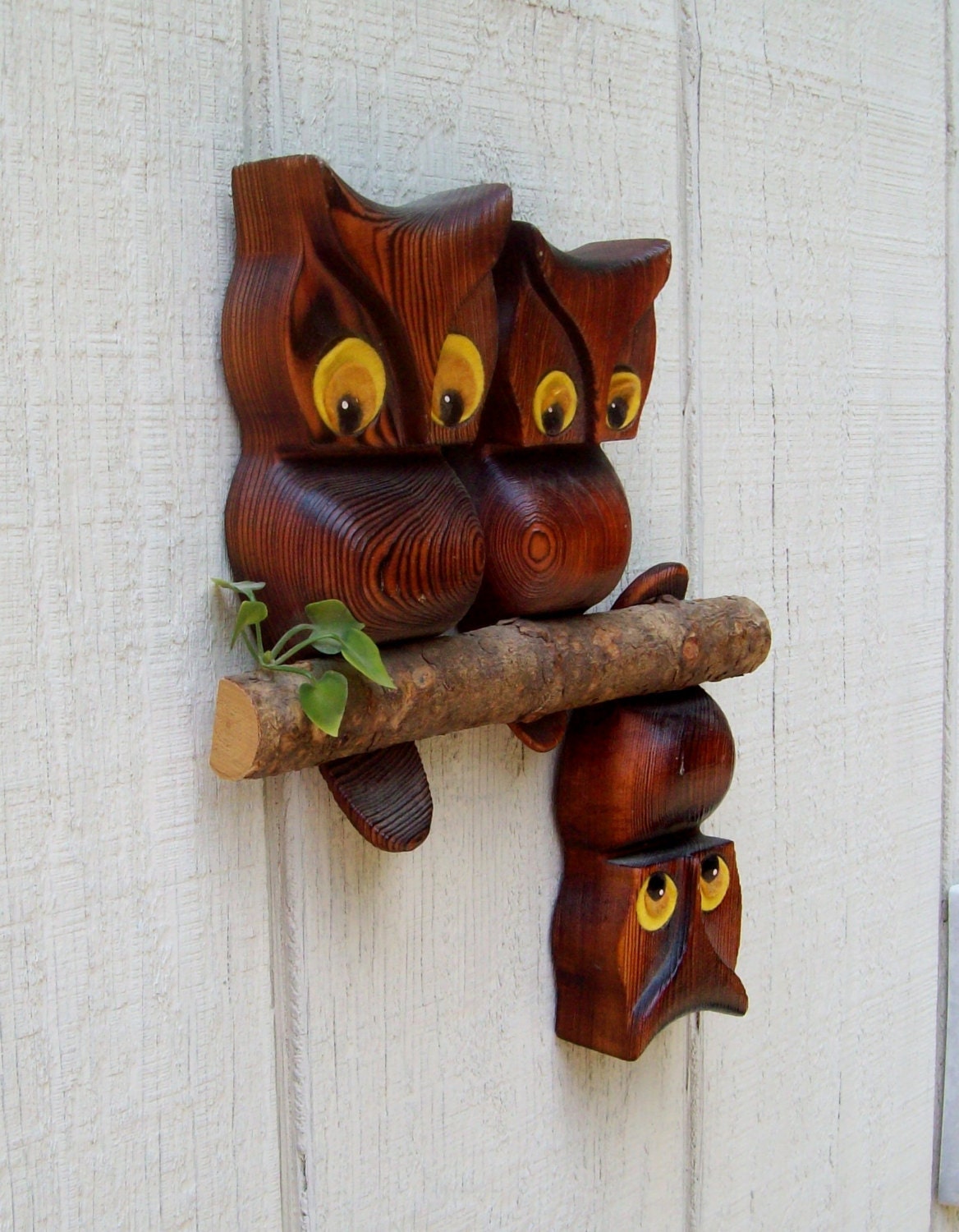 Vintage Wooden Perched Owls Wall Hanging