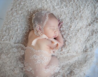 Sheer pale peach lace newborn bonnet