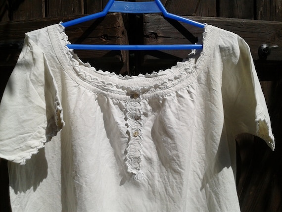 Linen Dress Handmade Unused 1900's French Monogram Embroidered Ruffled Buttons Lace Trimmed White-Size: Medium Large - Vintage Natural Dress