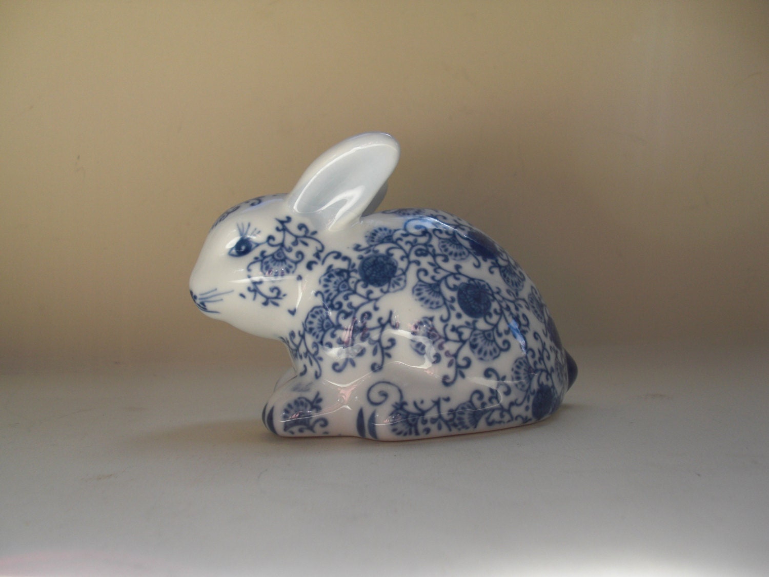 Blue and White Chinoiserie Ceramic Rabbit