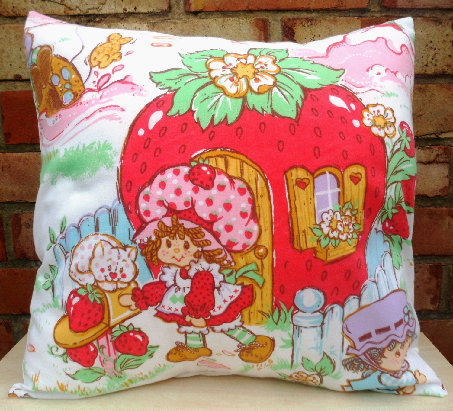 Strawberry Shortcake Vintage Fabric Cushion Handmade by