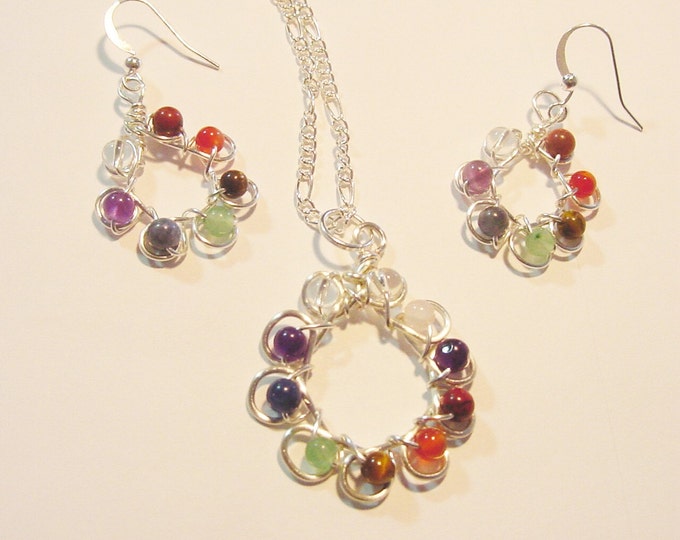 Chakra Pendant and Earrings Set, Semi Precious Stones, Wire Wrapped, Sterling Silver Upgrade, Reiki Jewelry, Gift Idea
