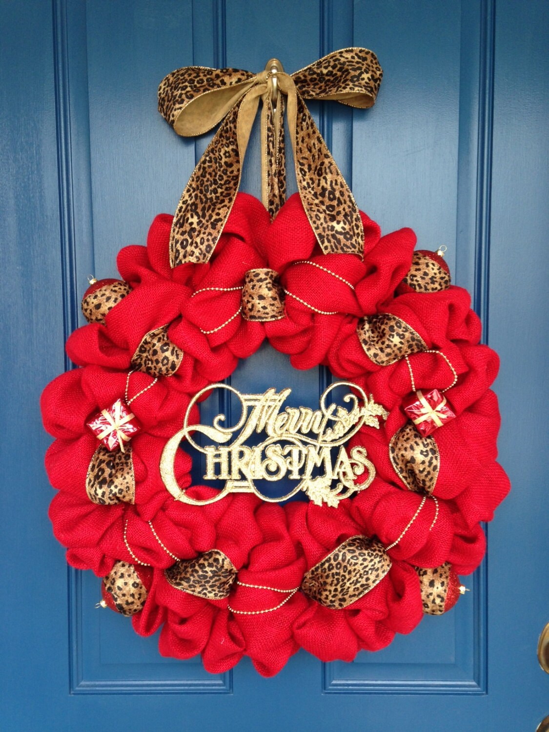 Red Burlap Leopard Print Christmas Wreath 23" wide