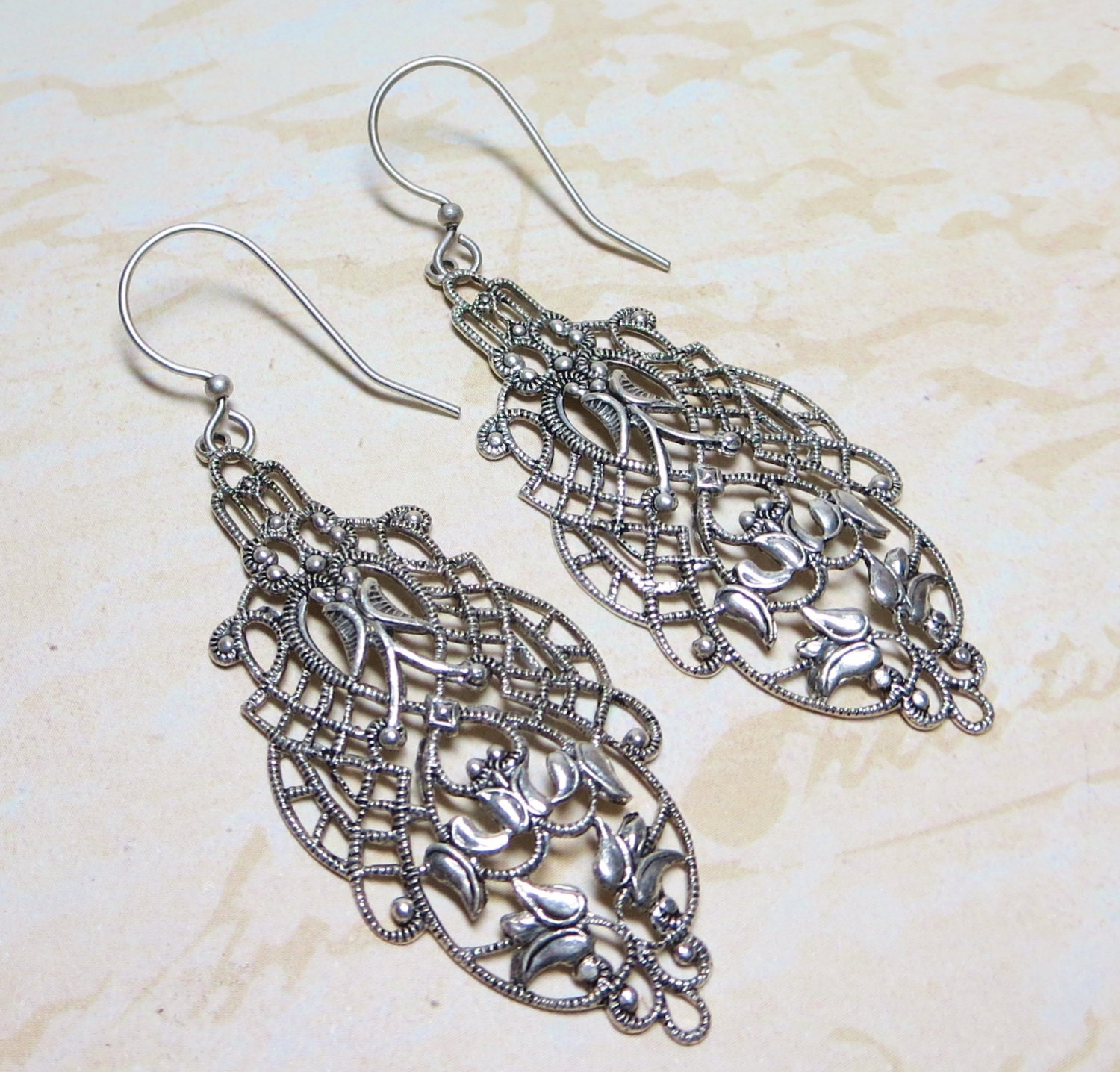 Filigree Earrings French Lace Heart Dangles Vintage Brass