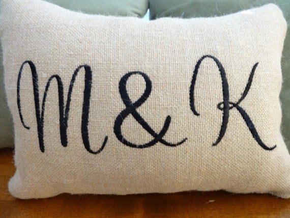 engagement gift idea - monogrammed burlap anniversary/wedding pillow