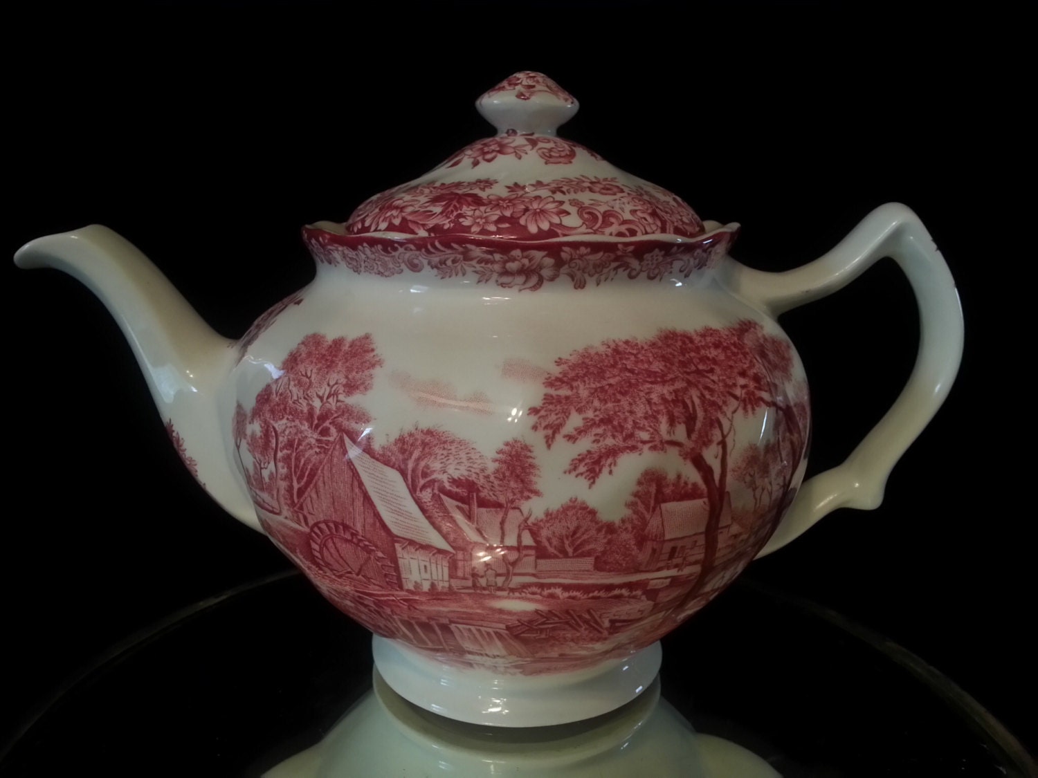 Antique Red English Transferware Tea Pot Johnson Brothers Mill